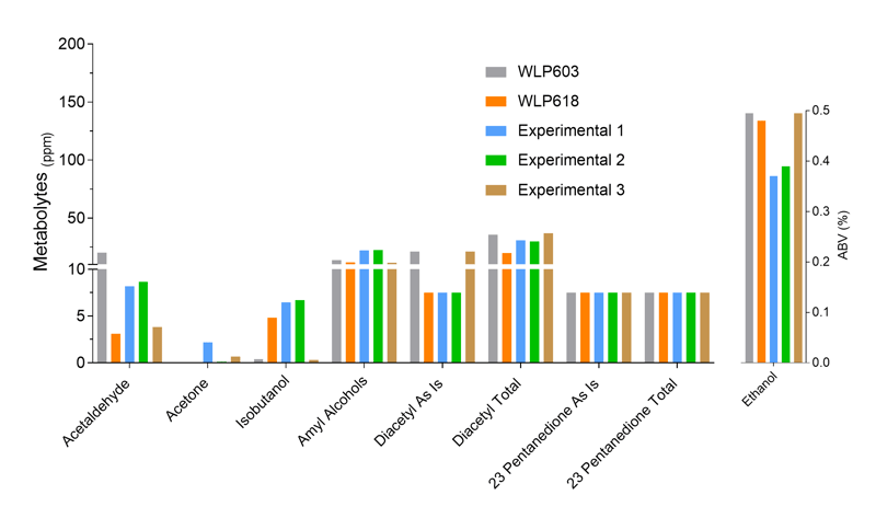 Figure 4. Ethanol and aroma compounds production in low gravity wort, measured by GC analysis.